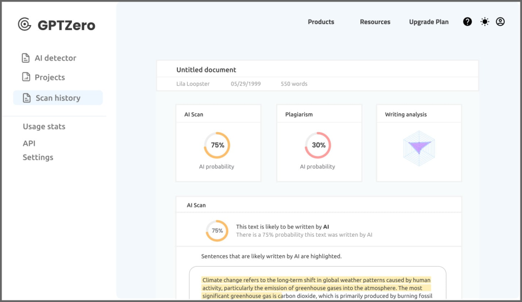ai writing detector tool gptzero:GPTZero highlighting AI-written sentences